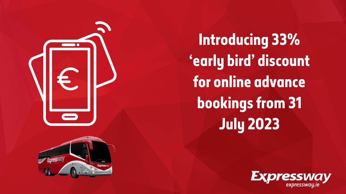 A new 33% “early bird” online discount is available to customers booking over seven days before travel, with a limited number of seats available on every service. Hurry and book in advance bit.ly/3Y2aiST
#MyExpressway #KeepingIrelandConnected