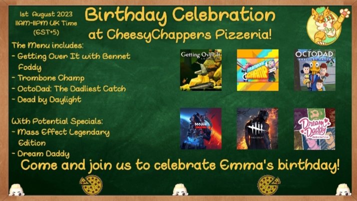 🧀BORF ANNOUNCE🧀

So, in a week's time, I will be born. To celebrate this, I will be doing a 12 hour stream Tuesday 1st August playing games that will make me hate myself enough to forget I've turned 30 😂

Also if any friends wanna get in on DBD, I have no idea what I'm doing😂