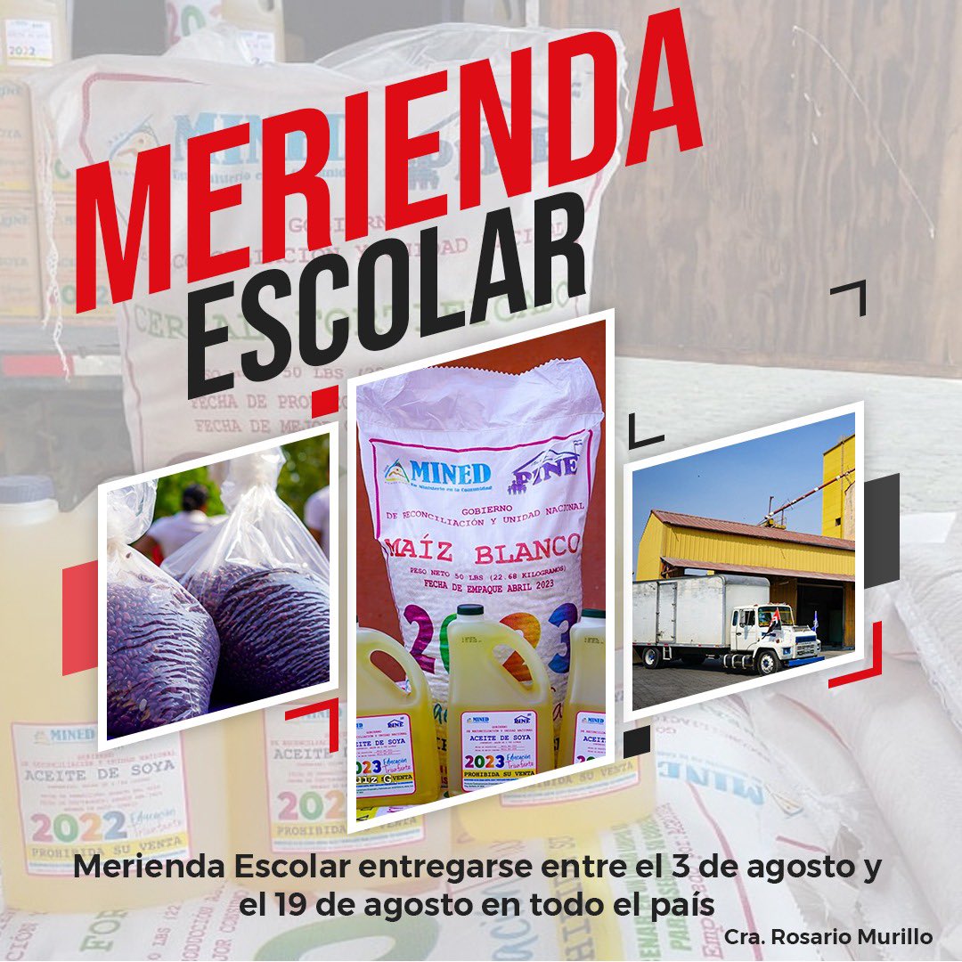La Cra. Rosario Murillo, Vicepresidenta de la República de #Nicaragua, informó en comunicación de medio día, la tercer entrega de Merienda Escolar 2023, se realizará entre el 3 y el 19 de agosto en todo el País.🥳🍱🧒🏻👧🏻🇳🇮

#4419SiempreVictoriosos

<a href="/minednicaragua/">Ministerio de Educación Nicaragua</a> <a href="/VivaNicaragua13/">Viva Nicaragua</a>