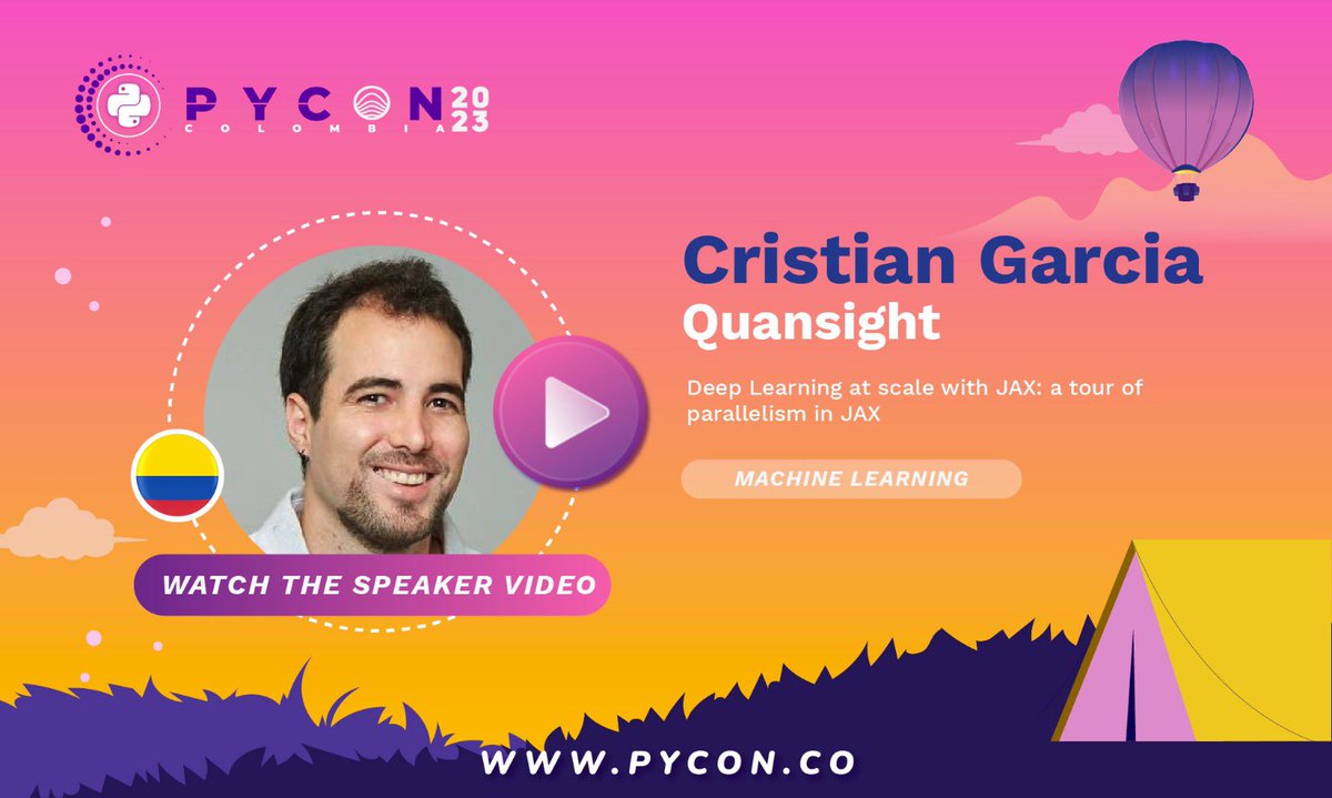 pyconcolombia's tweet image. Watch the video of Cristian Garcia, he teaches us about &quot;Deep Learning at scale with JAX: a tour of parallelism in JAX”

youtu.be/4ouI--6rwpE

#PyconColombia2023 #Presencial #Programming #Colombia #Evento #PyCon #Python #IoT #Web  #Python #Tech #Devs