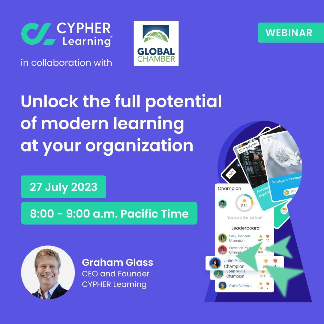 cypherlearning's tweet image. Join us and @GlobalChamber on July 27, 2023, at 8:00 a.m. PST for an exciting #webinar with @grahamglass CEO at @CYPHERLearning! 🚀 Unlock the full potential of modern learning at your organization and revolutionize your L&D programs: hubs.ly/Q01Ylx3X0
#modernlearning