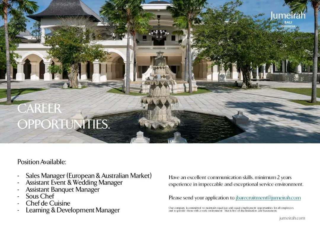 LokerHotelier's tweet photo. JUMEIRAH

LOCATION :  BALI 

 #kerja #pecatu #lowonganbali #lokerhotelier #infobali #lokerindonesia #jumeirah #jumeirahbeach #balihits #opentowork #lokerbali #lokerhotel #baliinfo #bali #pariwisata #hotel #lowongan2023 #lowongankerja #lokerbaru #infoloker #jabodetabek #lowongan https://t.co/cXr5FS2m8j