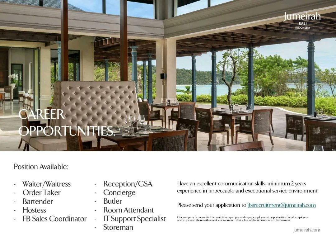 LokerHotelier's tweet photo. JUMEIRAH

LOCATION :  BALI 

 #kerja #pecatu #lowonganbali #lokerhotelier #infobali #lokerindonesia #jumeirah #jumeirahbeach #balihits #opentowork #lokerbali #lokerhotel #baliinfo #bali #pariwisata #hotel #lowongan2023 #lowongankerja #lokerbaru #infoloker #jabodetabek #lowongan https://t.co/cXr5FS2m8j