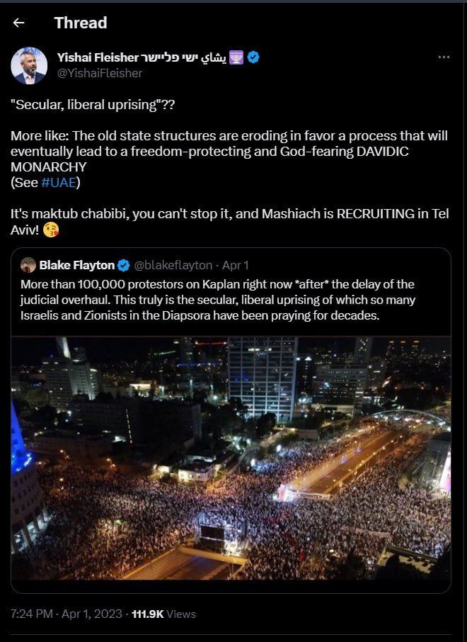 k_gaita's tweet image. #Israel #israelprotest 
The Advisor to The Far-Right/Kahanist #Israeli Interior Minister Ben Gvir, Yishai Fleisher, made this statement over the ongoing judicial reform: