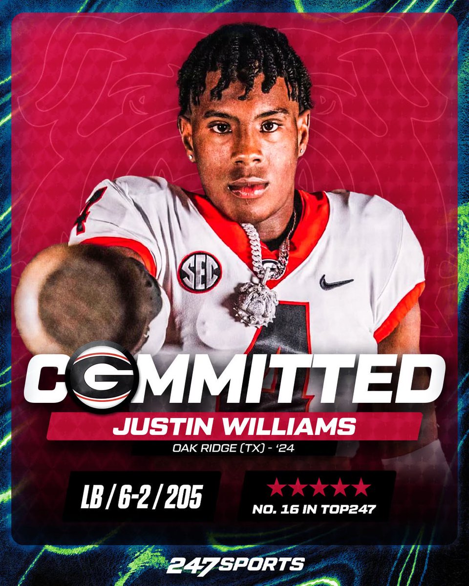 BREAKING: Conroe (Texas) Oak Ridge five-star LB Justin Williams commits to #Georgia adding to the #Bulldogs No. 1 ranked recruiting class per <a href="/247Sports/">247Sports</a>.

“A school like Georgia there’s going to be competition. It’s not just sunshine and rainbows, they don’t lay out the red