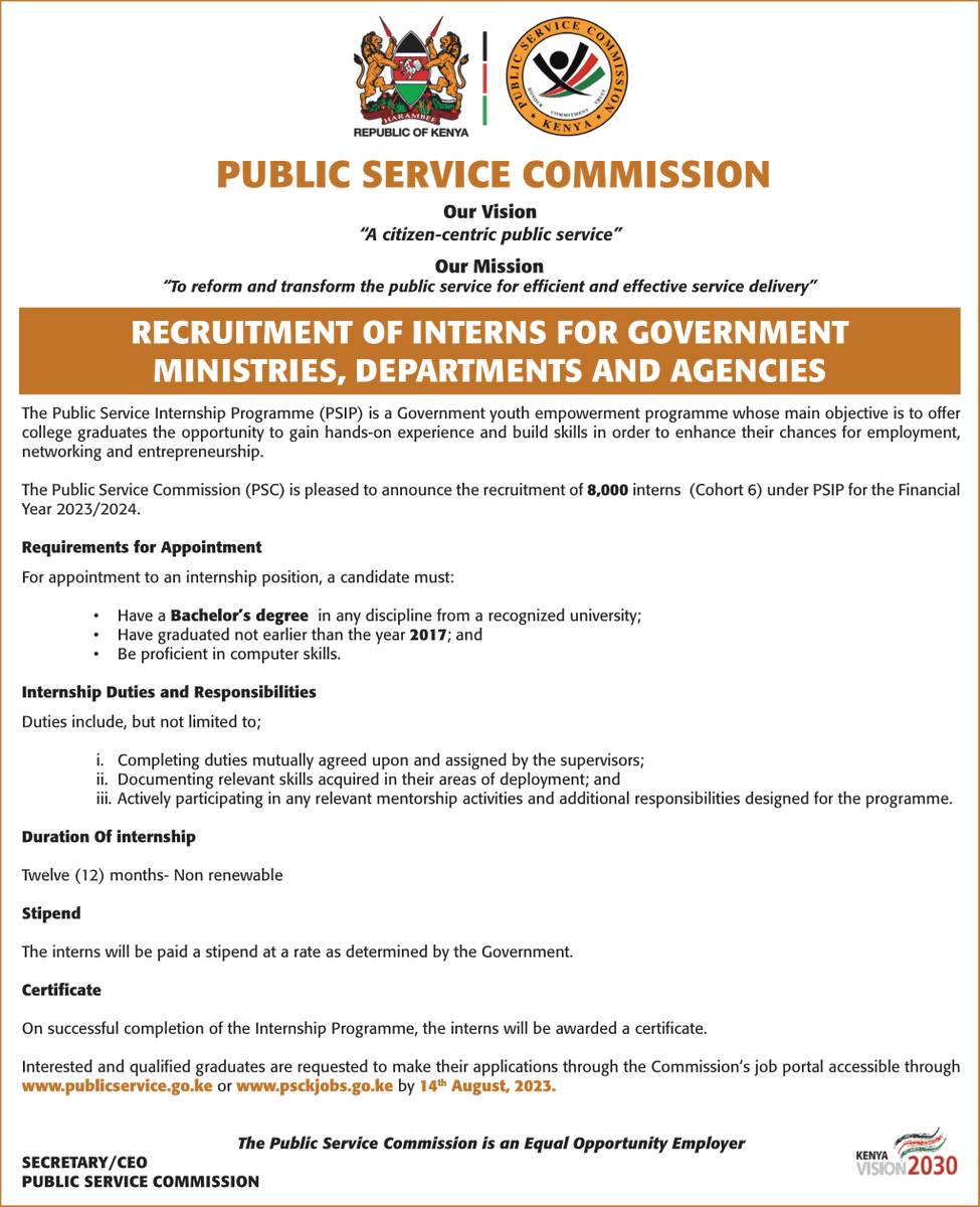 PSCKenya's tweet image. UPDATE: Recruitment of interns for Government Ministries, Departments and Agencies under the Public Service Internship Programme (PSIP) Cohort (VI).

Open Vacancies: 8,000

#IkoKaziKE