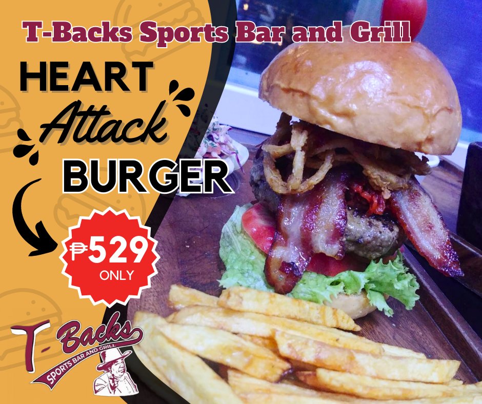 tbacksbbq's tweet photo. T-Backs Sports Bar and Grill offers the ultimate heart attack burger for only ₱529 and if you purchase on any Tuesday you receive a free local beer. #usdaburger #angelescity #tbacksisgood #Pampanga #tbackssportsbarandgrill https://t.co/XkWyoccyac
