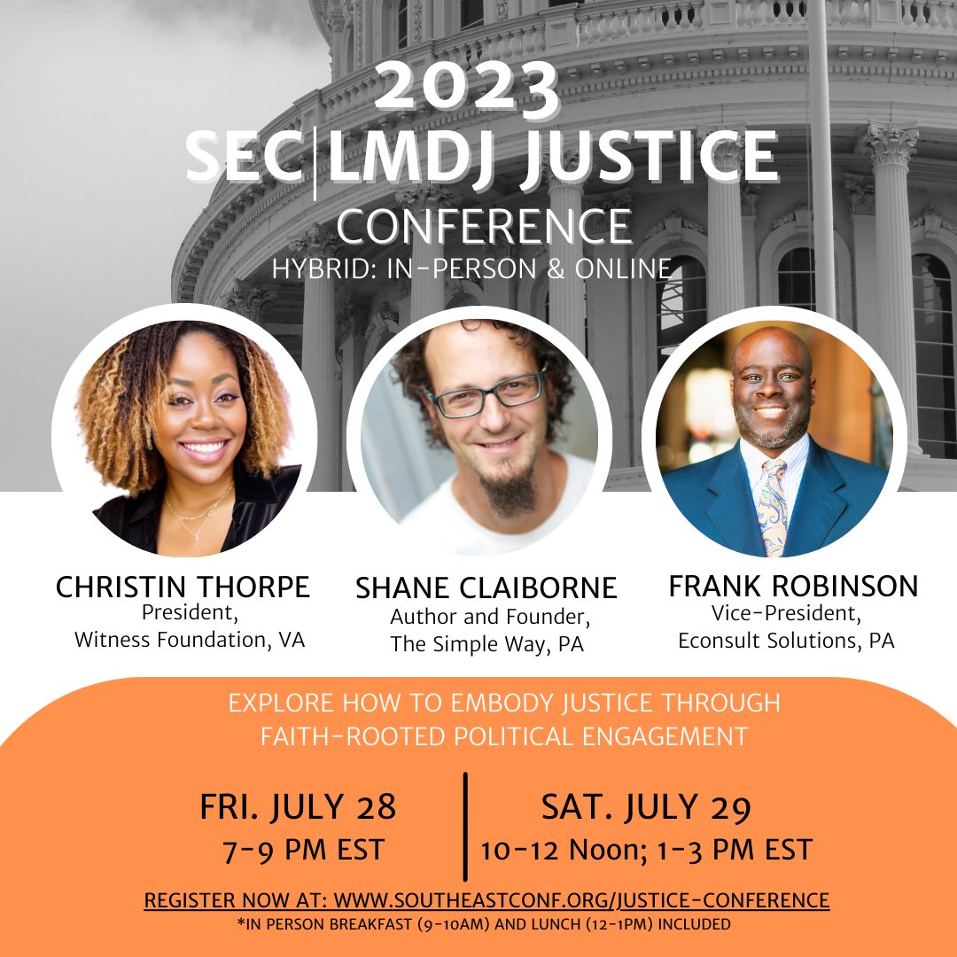 New Life Covenant Church/ATL newlifecovenantchurch.org, will host the SEC's 2023 Justice Conference July 28-29, featuring Christin Thorpe, president, Witness Foundation, Shane Claiborne, Red Letter Christians and Rev. Frank Robinson, #CCDA,  Family Promise of Phily.   Join us!