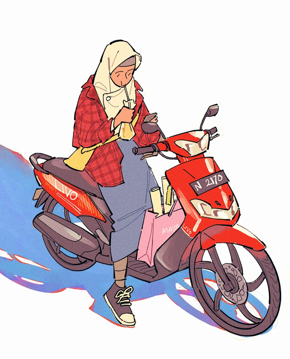 ground vehicle motor vehicle solo hood bag jacket 1girl  illustration images