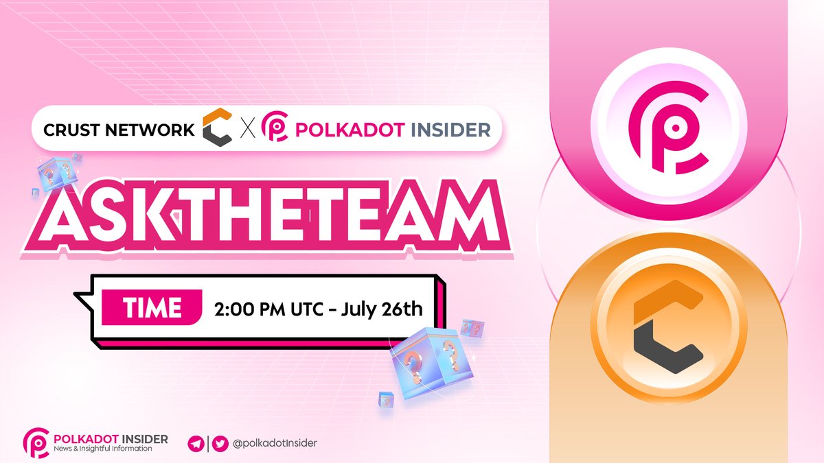 PolkadotInsider's tweet photo. ๐๏ธ #PolkadotInsider will be hosting an AMA session with @CrustNetwork, a decentralized cloud storage provider on the @Polkadot ecosystem ๐
Stay tuned and save the date:
๐๏ธ Jul 26th - 2 PM UTC
๐ https://t.co/1tnxn6s72c
#Polkadot #Parachain #EVMStorage #Storage https://t.co/cE3hEgCnel