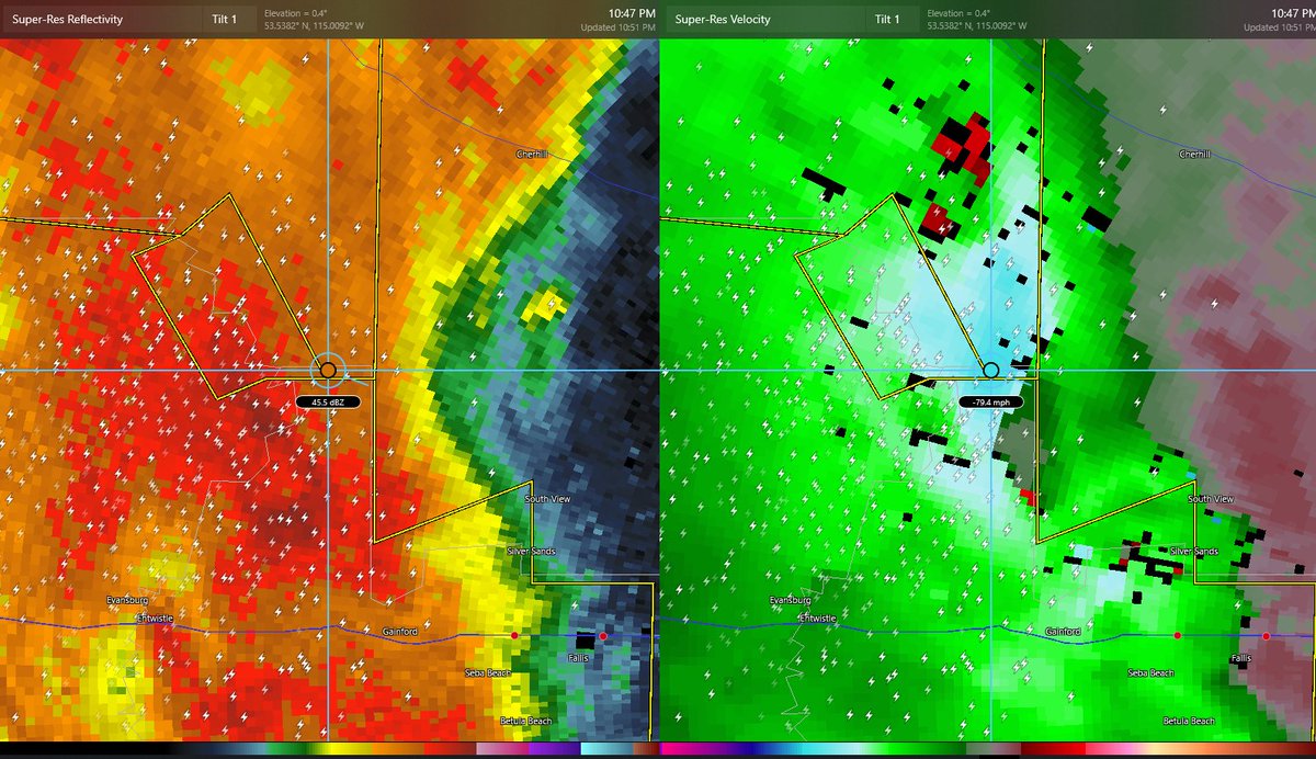 Doppler is showing velocity values near 130 km/h north of Entwistle. And it's growing stronger on every scan. #abstorm