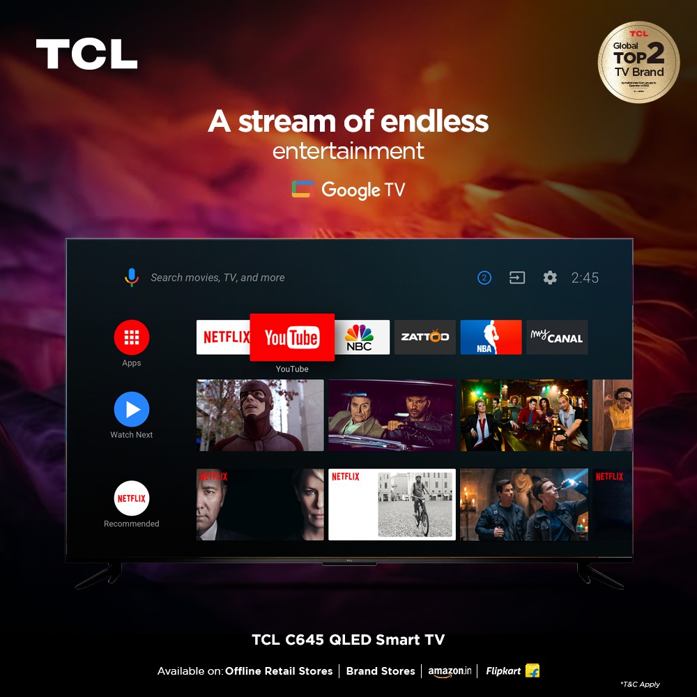 tcl_india's tweet photo. You can now browse through the internet for the vast possibilities of entertainment and find your match with the in-built #GoogleTV of the #TCL #C645 #QLEDSmartTV

Buy Now: https://t.co/8o1IPk9KeI

Available on: Offline Brand Stores, Amazon &amp; Flipkart!

#InspireGreatness #4K https://t.co/IofN8Ya6IX