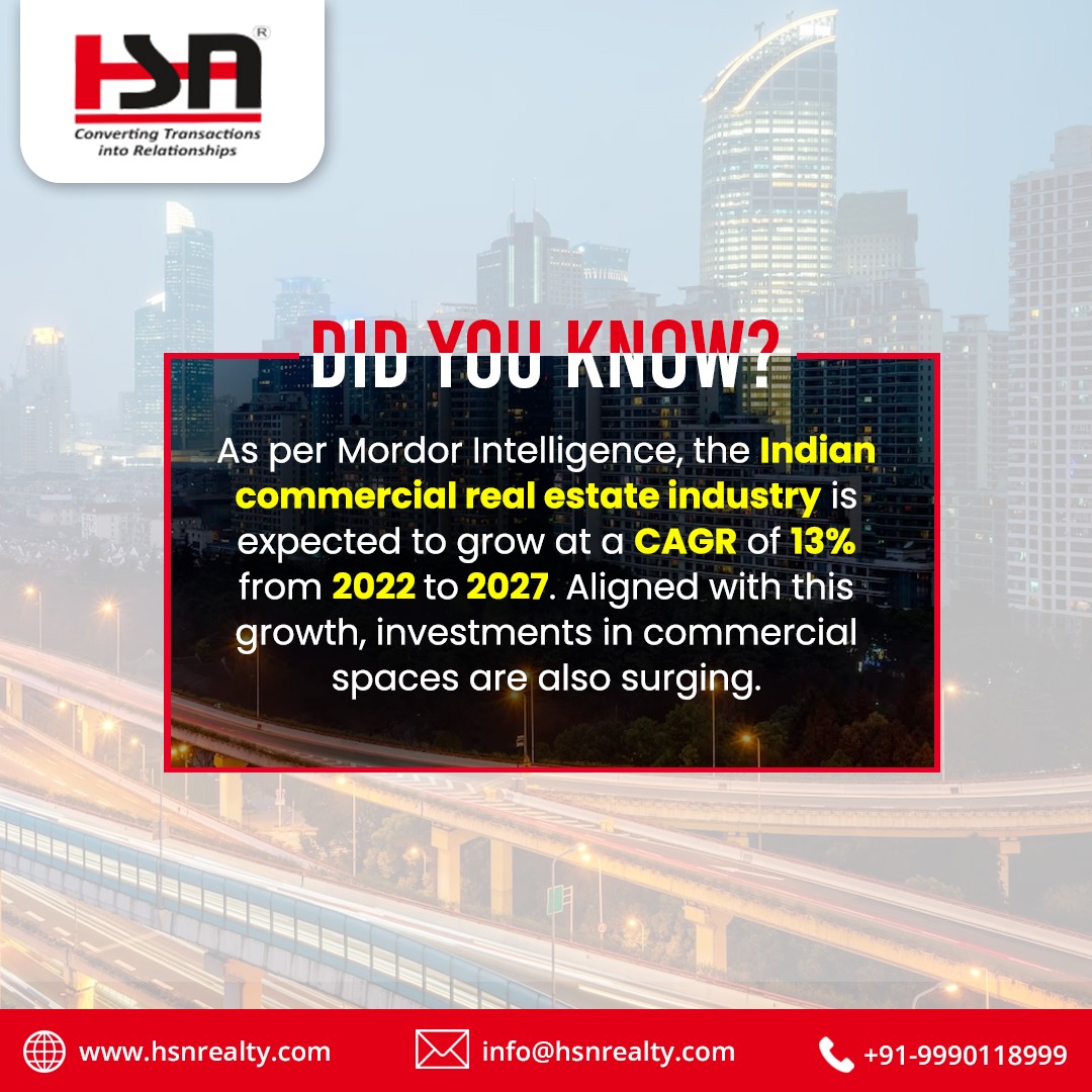 According to Mordor Intelligence, the Indian commercial real   estate industry is poised for remarkable growth, projected to achieve a CAGR   of 13% from 2022 to 2027. 

 #realestate #commercialrealestate #officespace #officeforrent  #commercialleasing #hsnrealty