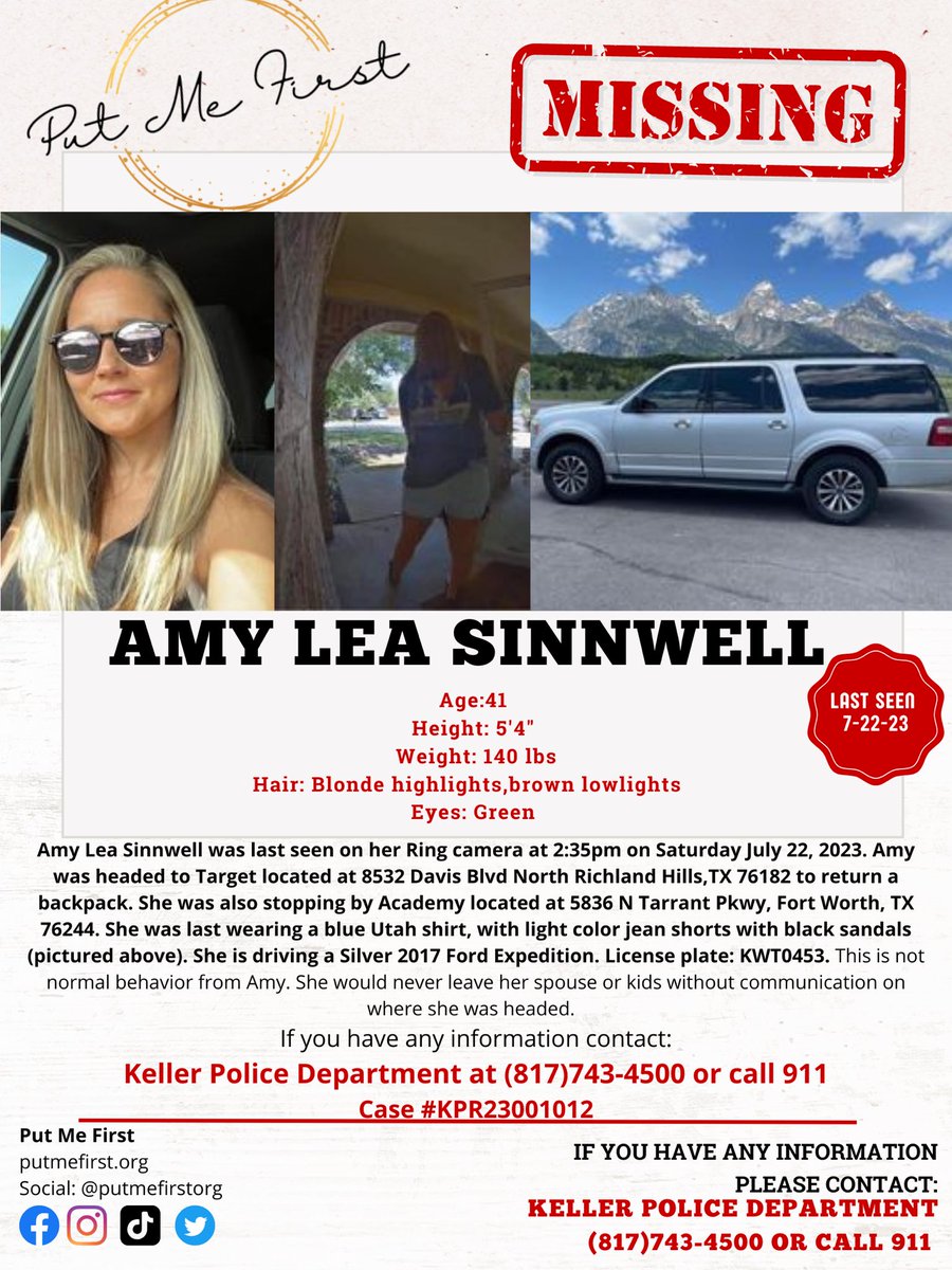 skegley's tweet photo. MISSING- Keller, Texas! 
Amy has never gone this long away from her young children. #AmySinnwell #FindingAmySinnwell #Missing #MissingPerson https://t.co/6xuBUgxQwf