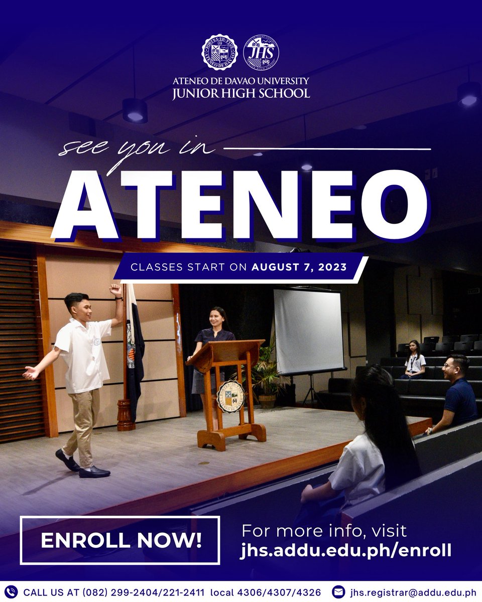 AdDU_JHS's tweet photo. ENROLLMENT | Make the best choice for your child today! Choose Ateneo de Davao University Junior High School - forming sui generis men and women for others, especially in Mindanao. Face-to-face classes start on August 7, 2023. ENROLLMENT IS ONGOING! 💙

https://t.co/JJ9uQit7Iv https://t.co/il5V3d8dtC
