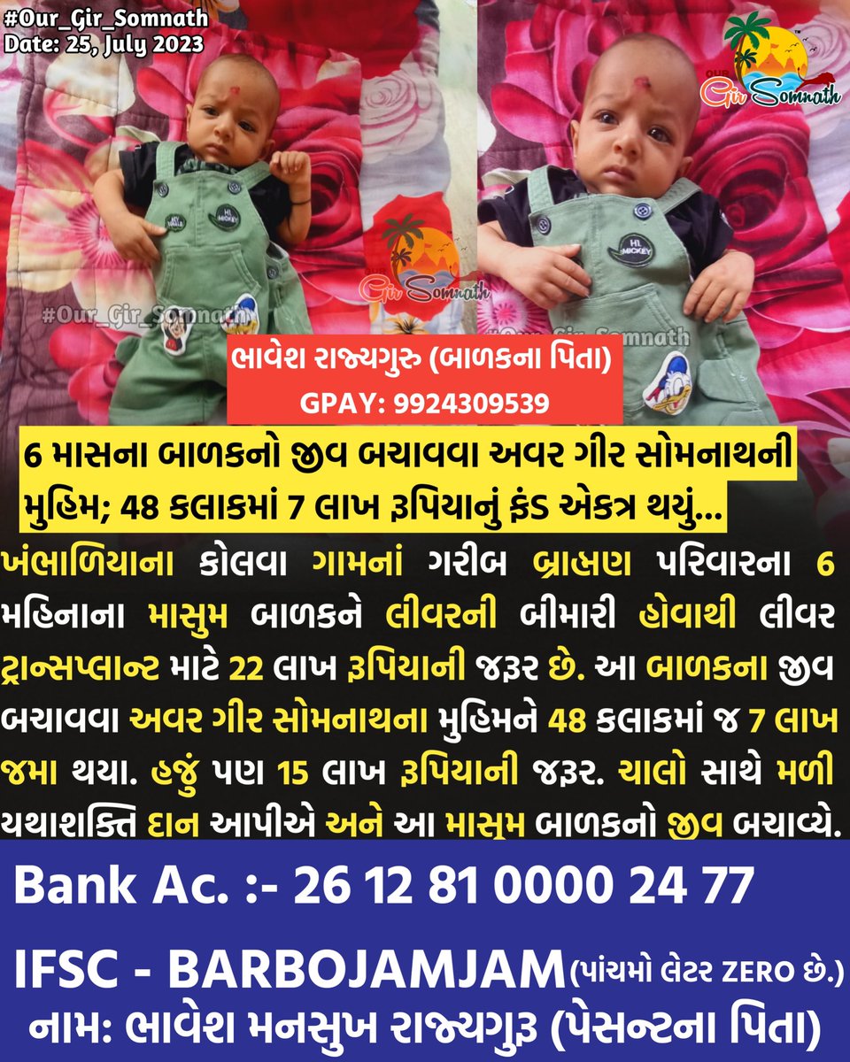 our_gir_somnath's tweet photo. ફુલ નહિ તો ફુલની પાંખડી આપવા અમારા વતી તમે અપીલ 🙏🙏
ભાવેશ રાજ્યગુરુ (બાળકના પિતા)
GPAY: 9924309539
Bank Ac. :- 26128100002477
IFSC - BARBOJAMJAM
(પાંચમો લેટર ZERO છે.)
નામ: ભાવેશ મનસુખ રાજ્યગુરૂ (પેસન્ટના પિતા)
#our_gir_somnath #amazingdwarka #help #helptogether #khambhaliya #girsomnath