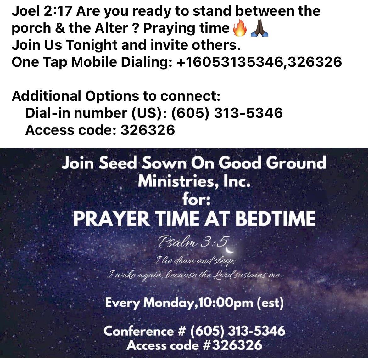 PRAYINGALWAYS1's tweet photo. Join Us Tonight and invite others.
One Tap Mobile Dialing: +16053135346
    Access code: 326326 #BBNaija #ElonMusk #earthquake #PrayForPeace https://t.co/SgvX5w5mdW