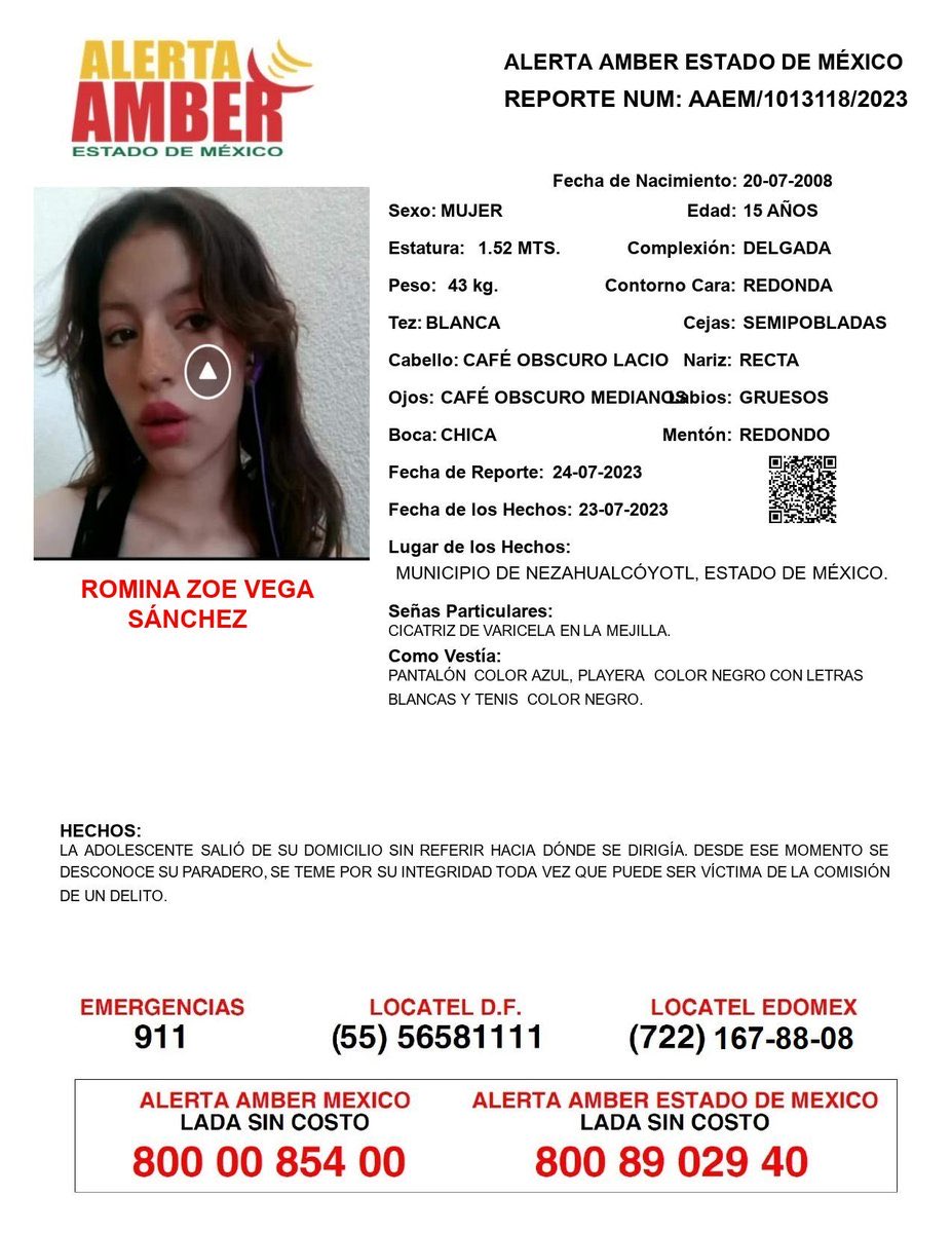 📍Tu apoyo es importante, ayúdanos a difundir, cualquier información para localizar a la siguiente persona comunícate al 📞800 890 2940 Alerta Amber EDOMEX y ☎️ 800 7028 770 #FiscalíaEdoméx.