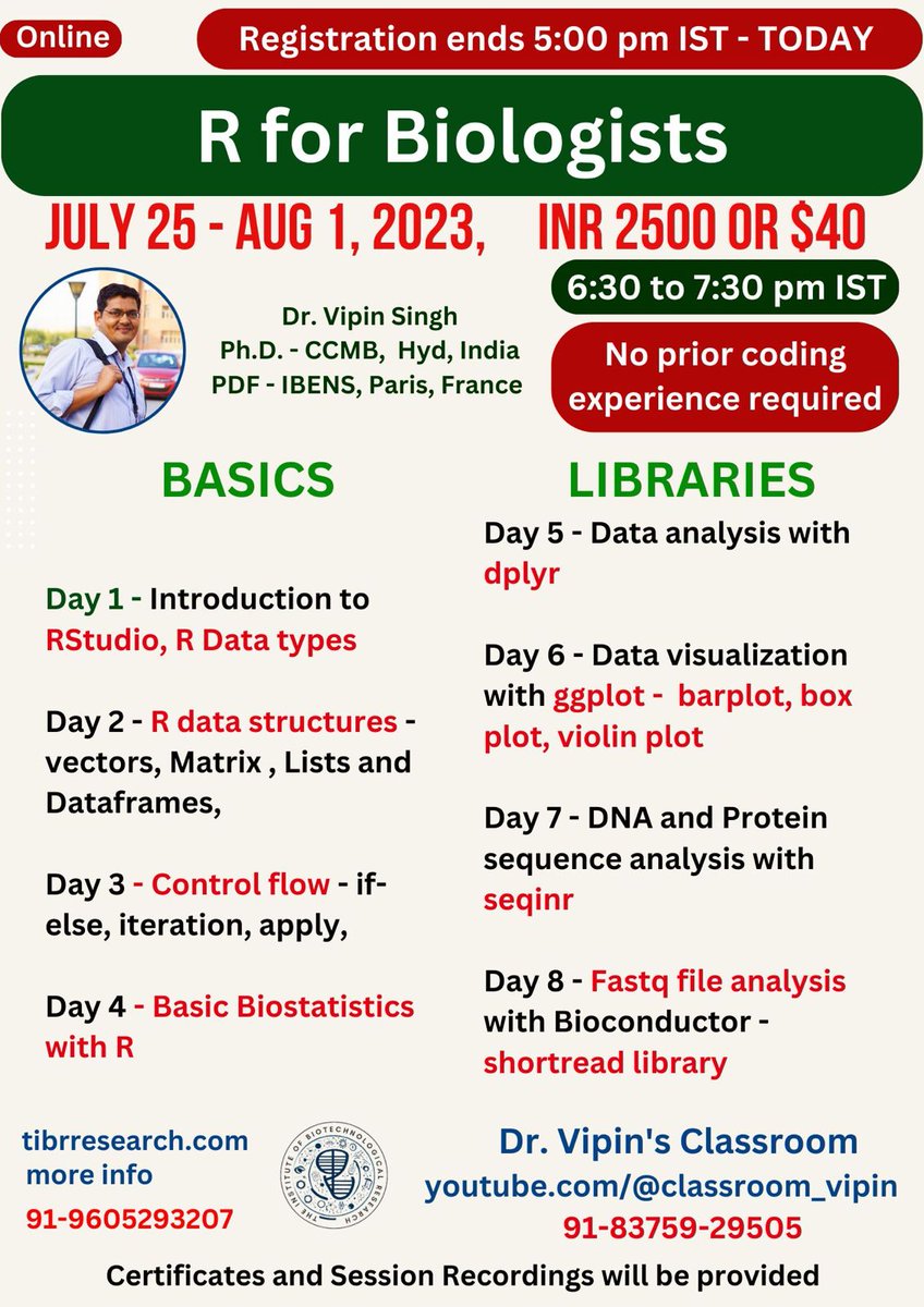 DrNobleKKurian's tweet photo. Registration deadline extended up to today 5:00 pm. Don't lose your opportunity. R for Biologists from scratch. No coding experience needed. Enhance your CV with a new skill. register now...
https://t.co/6Ctd9iReBl
#rstudio #rstat #bioinformatics #tibr #tibrworkshops #biology https://t.co/UaNmhhjO6j