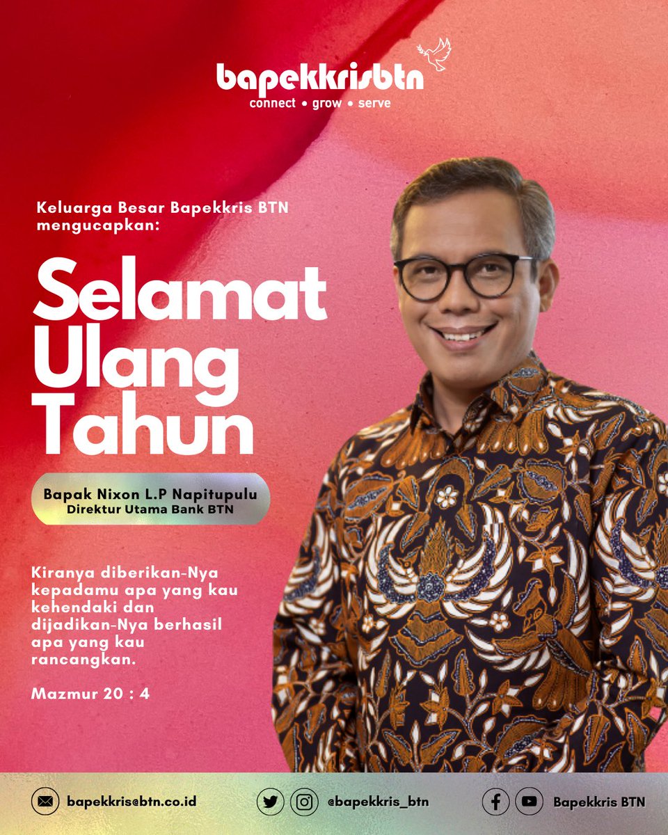 bapekkris_btn's tweet photo. Selamat Ulang Tahun yang ke-54, Bapak Nixon L.P Napitupulu.

Mazmur 20:4 - Kiranya diberikan-Nya kepadamu apa yang kau kehendaki dan dijadikan-Nya berhasil apa yang kau rancangkan https://t.co/bMeBagOMCQ