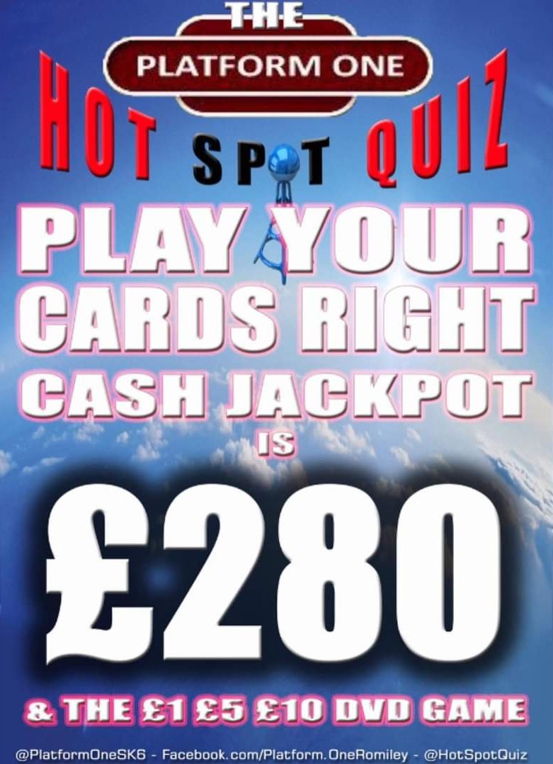 PlatformOneSK6's tweet photo. Bring your A-game for our @SpeedQuizzing Powered @HotSpotQuiz on WEDNESDAY 7:30pm, followed by Play Your Cards Right🃏 which is a massive £280! 🙌🏼 #happyhourtime #livemusic #hotspotquiz #romiley #romileyvillage #marple #marplebridge #mellor #cheshirepubsandresturants #stockport https://t.co/aIgm54lYFf
