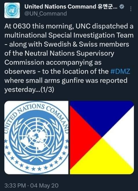 UN_Command's tweet photo. #Countdownto70 D-2
In the early hours of 3 May 2020, an exchange of fire incident took place inside the #DMZ. UNC immediately dispatched an #investigation team with #NNSC observers to conduct fact-finding and contribute to de-escalation of the situation. https://t.co/VSmyE7h3in