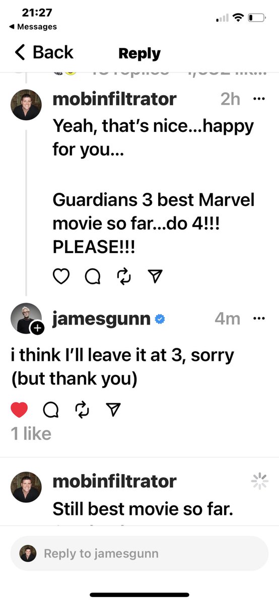 mobinfiltrator's tweet image. Concrete proof that #threadapp is 💯 bullshit…

@JamesGunn actually responding to a #thread refusing a request for GOTG 4 when we all know he’s too busy writing GOTG 4, to be wasting time on Threads.