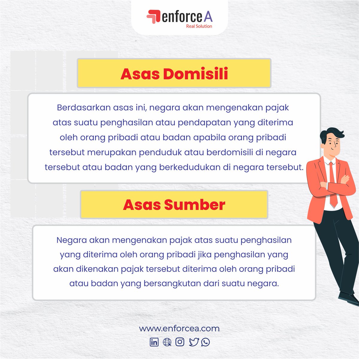EnforceA_info's tweet photo. Di Indonesia, pemungutan pajak dilakukan berdasarkan asas-asas. Apa saja asas-asas tersebut? Simak postingan di atas!

Follow @enforcea untuk informasi lebih lanjut seputar pajak. Yuk Konsultasikan perpajakan anda bersama kami
Whatsapp : 0812-8479-3388

#enforcea https://t.co/aTbwwKpd7M