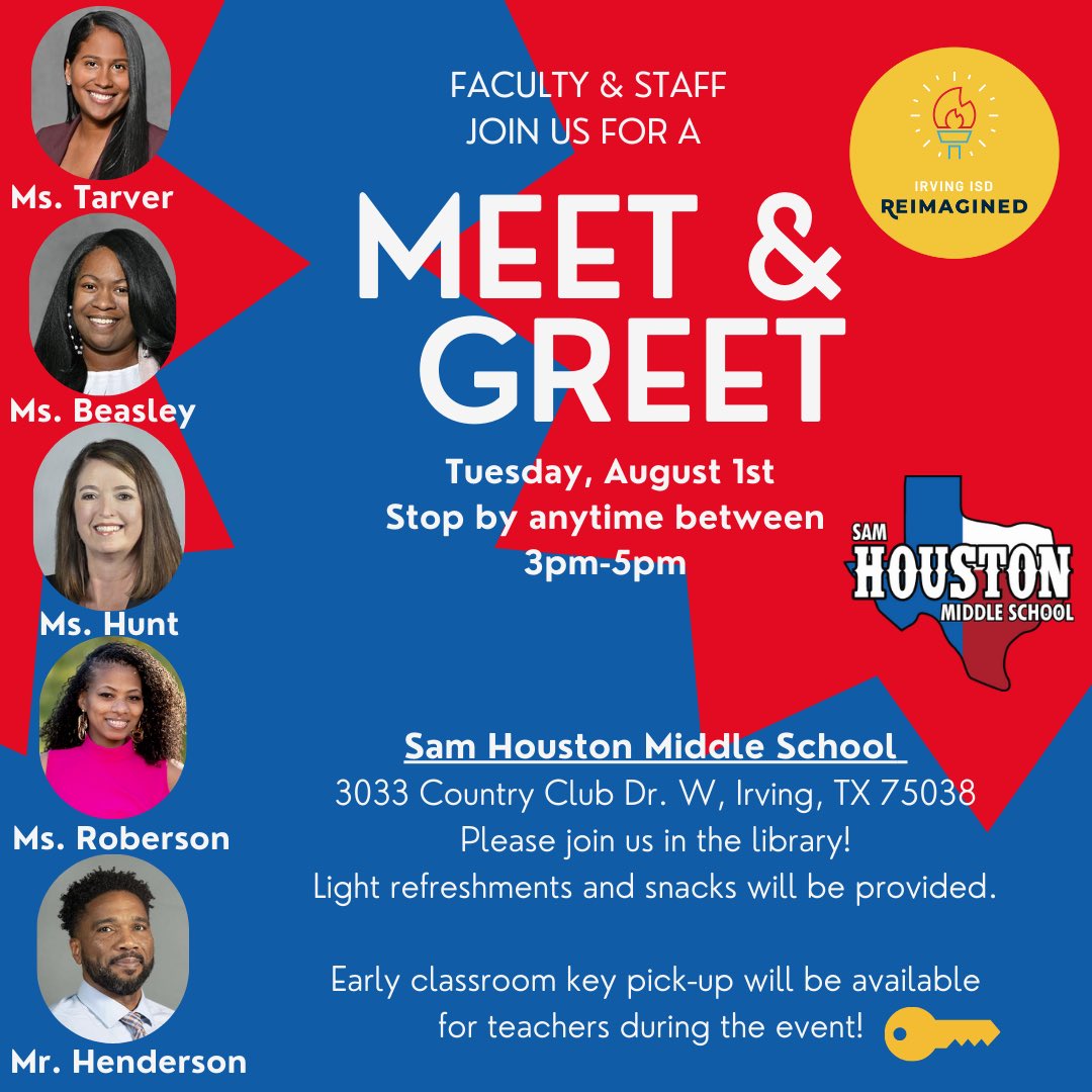 Ktarver2's tweet image. 📣 Attention @SamhoustonMS Faculty &amp;amp; Staff! Come out on Tuesday, August 1st from 3pm-5pm! You’ll have the opportunity to meet the new members of the administrative team and visit with some familiar faces too! #TexanPride #IISDreimagined #SamSide ⭐️