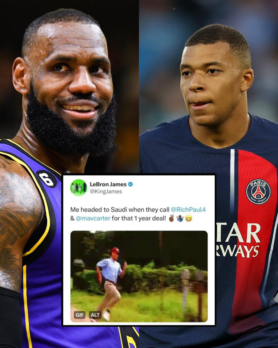 BleacherReport's tweet photo. Bron reacts to Mbappé’s unreal offer from Al-Hilal 😂 https://t.co/D5xWPkzRCi