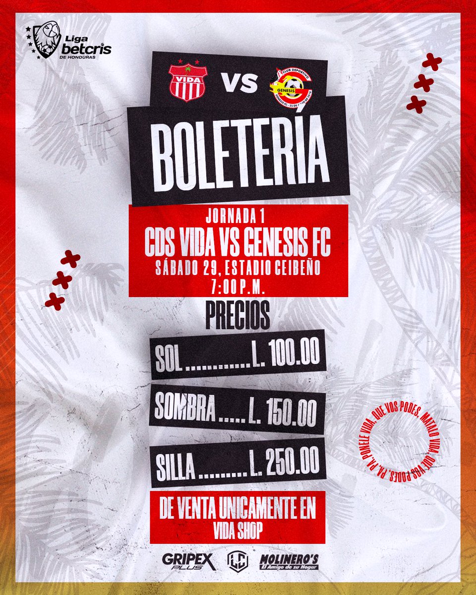 cdsvidaoficial's tweet photo. 𝗝𝗨𝗚𝗔𝗠𝗢𝗦 𝗘𝗡 𝗖𝗔𝗦𝗔 🏝️ !!
BOLETERIA YA DISPONIBLE! 📣🏟️💥
Jornada 1️⃣ @lnphonduras 
.
🥥 VIDA ⚔️ GENESIS 🆕
🌞 Sol L 100
🌥️ Sombra L 150 
💺 Silla L 250

De venta en  #VidaShop🛍️
 #VIDAGENESIS #VidaDXVida 🥥🌴 https://t.co/haCbXGVvaG