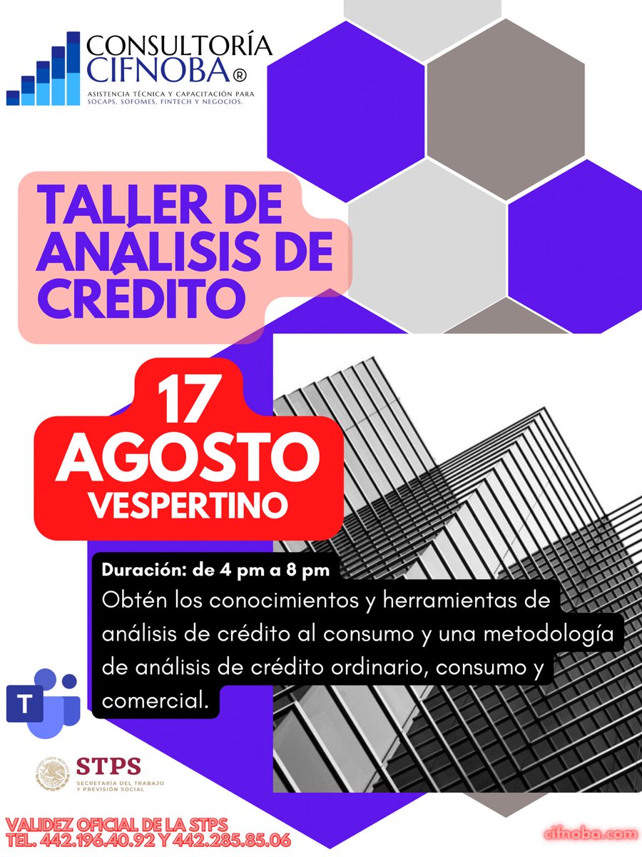 Estos son los talleres que llevaremos a cabo en agosto de 2023.

Incorporamos a otro experto en el área de crédito y cobranza y con esto abrimos y ampliamos nuestra oferta de talleres de crédito y cobranza, y ahora en horario vespertino (de 4 pm a 8 pm).

Cifnoba.com