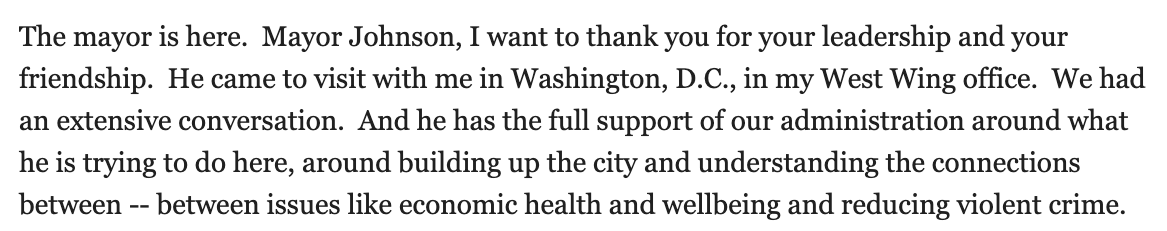 At a Chicago fundraiser today, VP Kamala Harris said she had an "extensive" conversation with Mayor Johnson during a recent West Wing visit. Per pool, VP vowed the administration's support around building up the city &amp; connecting issues like economic health and reducing crime.