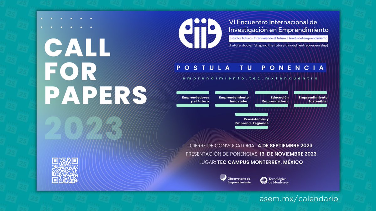 ASEM_Socios's tweet photo. 📢 El VI Encuentro Internacional de Investigación en Emprendimiento te invita a postular tus ponencias y contribuir a los estudios futuros y su intervención a través del emprendimiento.

¡Consulta las bases y difunde tus ideas y conocimientos! ➡️ https://t.co/Kw9c9nb8Sa https://t.co/5y6ndGQaVj
