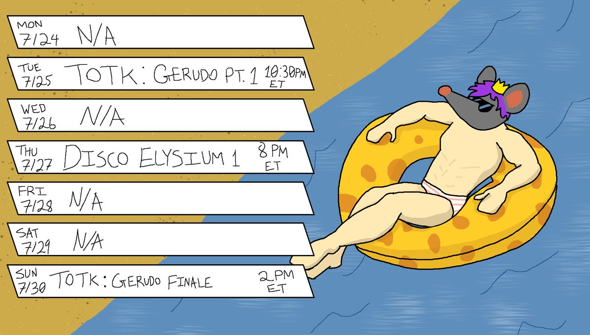 pepper_jacked's tweet photo. Schedule for 7/24 - 7/30!
Finishing up the Gerudo quest in TOTK and starting a Disco Elysium playthrough!
💪🐀👑💪 https://t.co/DtwbbEiQTe