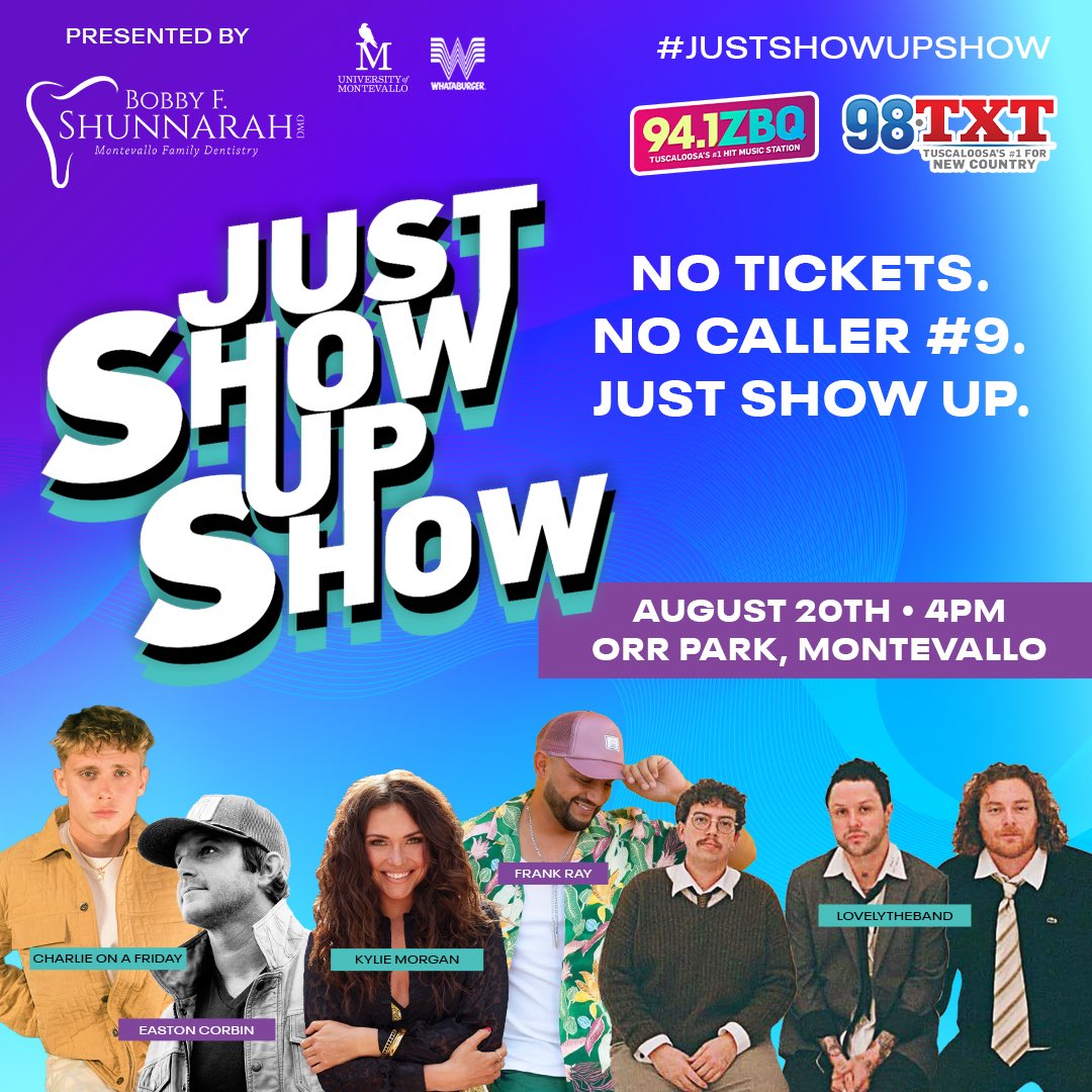 Isn’t it lovely🙏😊 <a href="/lovelytheband/">lovelytheband</a> is playing our first #justshowupshow in 4️⃣ years! <a href="/charonnafriday/">charlieonnafriday</a> <a href="/eastoncorbin/">Easton Corbin</a> <a href="/kyliemorgan/">Kylie Morgan</a> <a href="/frankraymusic/">Frank Ray</a> August 20th 🙌🎶🆓🙀 

presented by <a href="/MontevalloFD/">Montevallo Dentistry</a> 🦷

More info ▶️ 941zbq.iheart.com/calendar/conte…