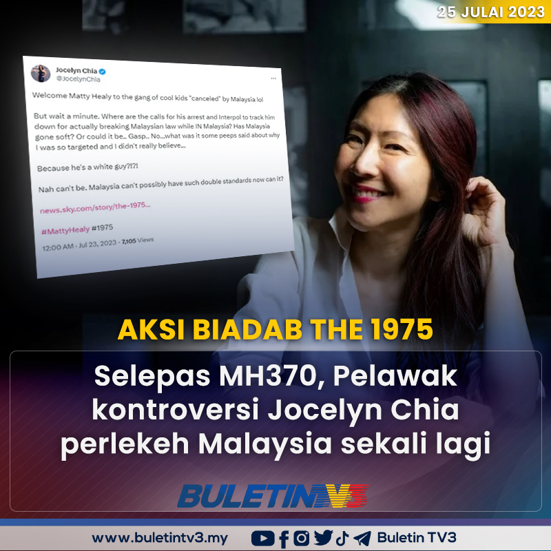 BuletinTV3's tweet photo. AKSI BIADAB THE 1975 | Pelawak yang dikecam pelbagai pihak kerana lawak kontroversinya berhubung kehilangan pesawat penerbangan Malaysia, MH370 sebelum ini iaitu Jocelyn Chia sekali lagi memperlekeh dan mempersenda Malaysia apabila mempersoalkan mengapa kerajaan tidak mengarahkan https://t.co/0eImQzGPwr