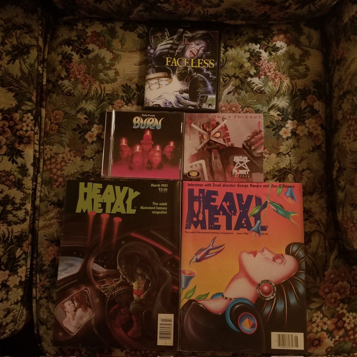 stagescreen60's tweet photo. Took a week or so for it all to get here, but behold my birthday haul! A Jess Franco classic, two killer hard rocking records &amp; two issues of a tremendous magazine. #Faceless #Burn #StarFleetProject #HeavyMetal https://t.co/SM1FUtGpAg