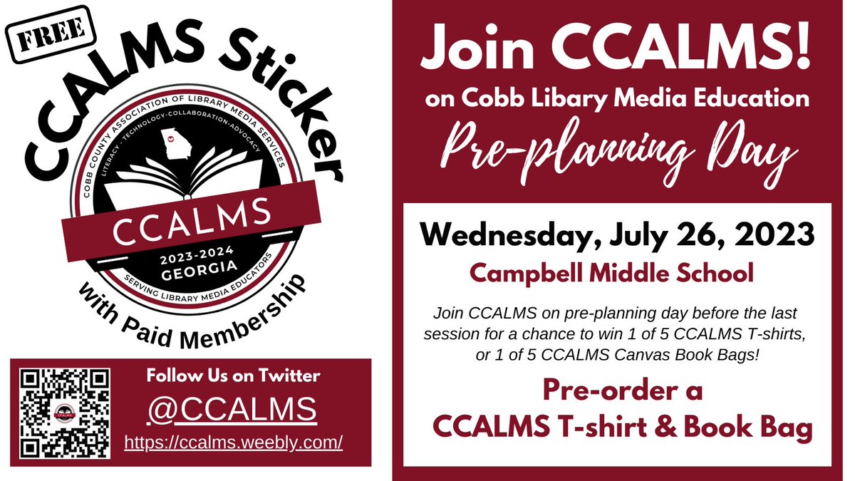 CCALMS's tweet image. We are so excited to see #CobbLMS at pre-planning on  July 26th! #CCALMS will have a membership table ready to greet you! *FREE* sticker upon joining PLUS join b4 the last session for a chance to win a CCALMS t-shirt or canvas book bag! Pre-orders will also be available. 🎉🥳