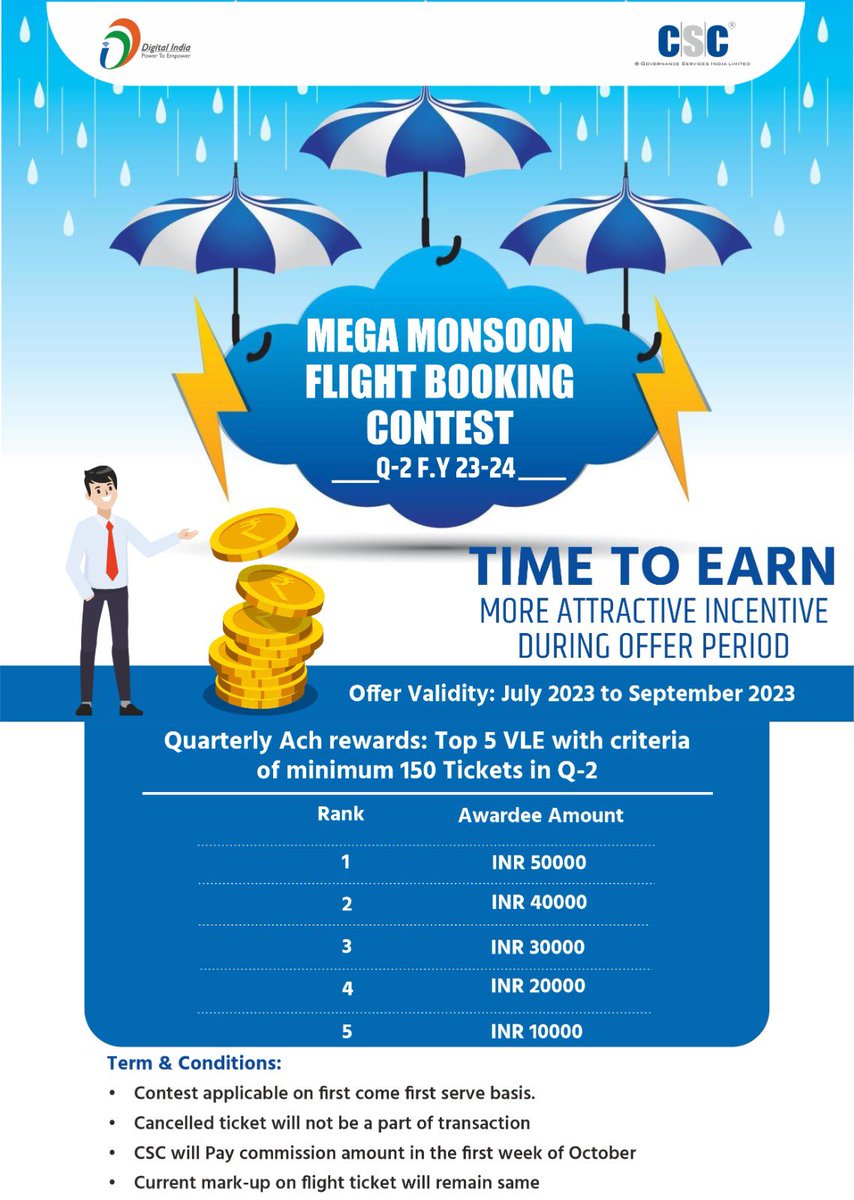 MeDhavalJadhav's tweet photo. @CSCegov_ @CscSafar @CSCMaharashtra 
Mega Monsoon Flight Booking Contest
All VLEs should participate and earn a Handsome income through this contest https://t.co/tRwlHIfux8