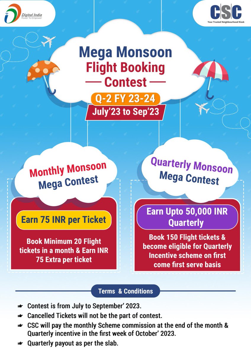 MeDhavalJadhav's tweet photo. @CSCegov_ @CscSafar @CSCMaharashtra 
Mega Monsoon Flight Booking Contest
All VLEs should participate and earn a Handsome income through this contest https://t.co/tRwlHIfux8