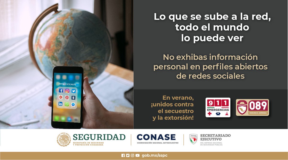 SSC_CDMX's tweet photo. #EnVerano | Hagamos frente al #Secuestro y la #Extorsión, por tu seguridad cuida las imágenes o fotografías que publicas en tus redes sociales; recuerda, una imagen dice más que mil palabras. Reporta cualquier caso al 911 o al #089DenunciaAnónima. https://t.co/Kb839EFd1N