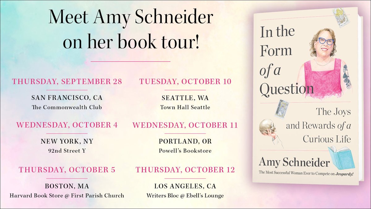 You can purchase tickets to attend the IN THE FORM OF A QUESTION Tour now! Huge thank you to all of the bookstores and venues for hosting. Tickets: bit.ly/amyschneiderto…