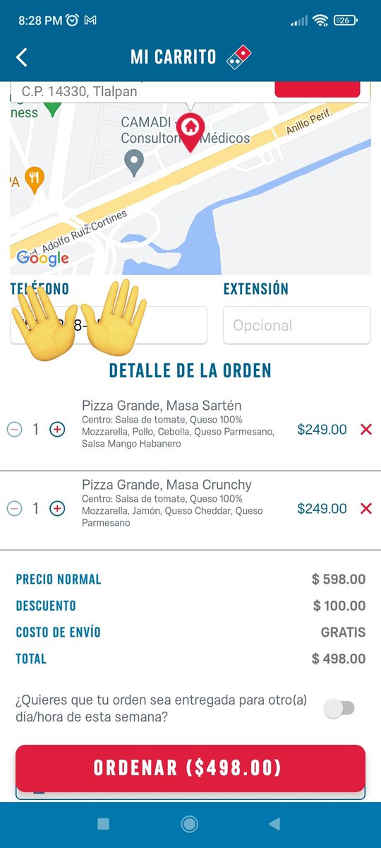 SaidAliRamos's tweet photo. La promoción dice 2 x 398.
Lo intenté con un solo ingrediente, con pizzas normales y la promoción simplemente no agarra. 
La suma de $249 + $249 es de $498. Y muestra $598 por lo que el descuento no funciona. Es la tercera vez que me pasa en un mes
@dominosmx https://t.co/0pqwbOS2nX