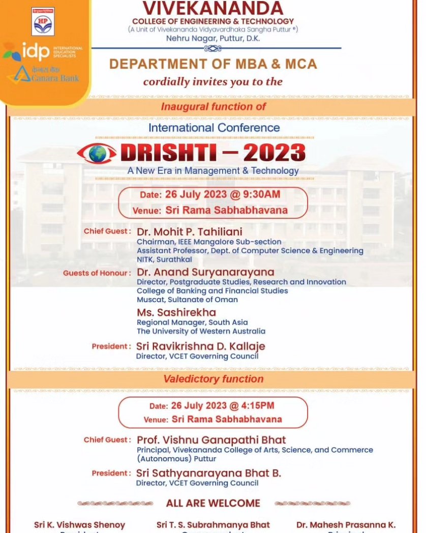 vcetputtur's tweet photo. All are cordially Invited to DRISHTI-2023 , International Conference organised by Department of MBA and MCA #international #conference #management #technology #vcetputtur https://t.co/L4gs54Grz1