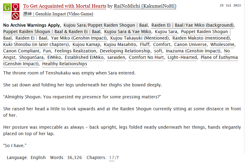 KakumeiHi's tweet photo. To Get Acquainted with Mortal Hearts - εη₯ | Genshin Impact (Video Game) - Chapter 17 Update
https://t.co/47PupTsDW5
#shogunsara #saraiden #RaidenShogun #KujouSara #GenshinImpact #ThatGrumpyShogun #HerTenguGeneral #eimiko #RaidenEi #YaeMiko #KukiShinobu #ChapterUpdate https://t.co/GPUf12vXxA