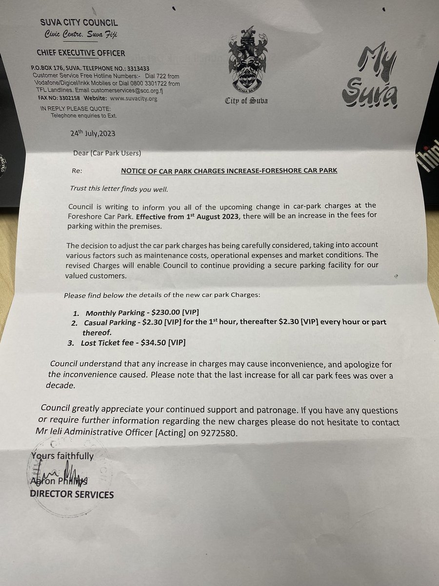 HaliteshDatt's tweet photo. #Suva City Council has increased the parking rates at the Suva foreshore from $37.90 per month to $230 per month! 

I forgot my maths when I was served this letter today!

#KereKereHorsi
#Fiji
#SuvaCity https://t.co/6zfANqdxRM