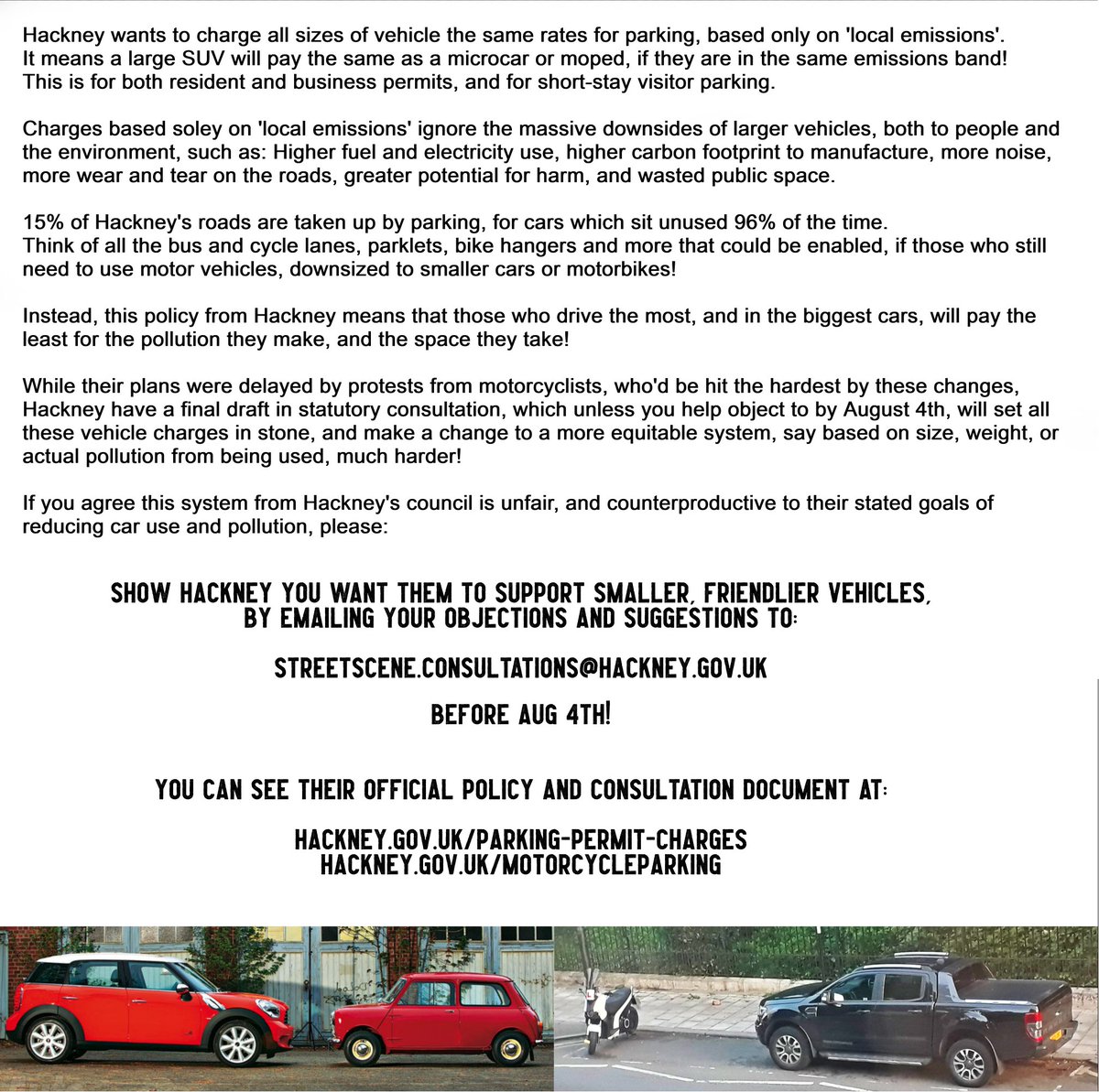 Hey <a href="/HackneyLivingSt/">Hackney Living Streets</a> <a href="/hackney_cycling/">Hackney LCC</a> , did you know that while a cycle hanger space costs £48, Hackney will now be letting you store a 2.5 ton SUV for only 2 quid more a year!?

Please help let <a href="/mayorofhackney/">Mayor of Hackney</a> and <a href="/metecoban92/">Mete Coban MBE</a> know bigger vehicles need to pay their fair share!