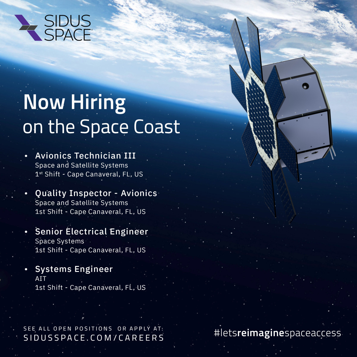 SidusSpace's tweet photo. If you have a drive for innovation and a love for all things #space related, we need you! 🌠
View these positions and more 🔗 https://t.co/n9OGzQ7z1i
#SidusCareers #SidusSpace #SpaceExploration #CareerOpportunity #JoinOurTeam #SpaceJobs #NowHiring #SpaceCoast https://t.co/h2r9eJyJOQ