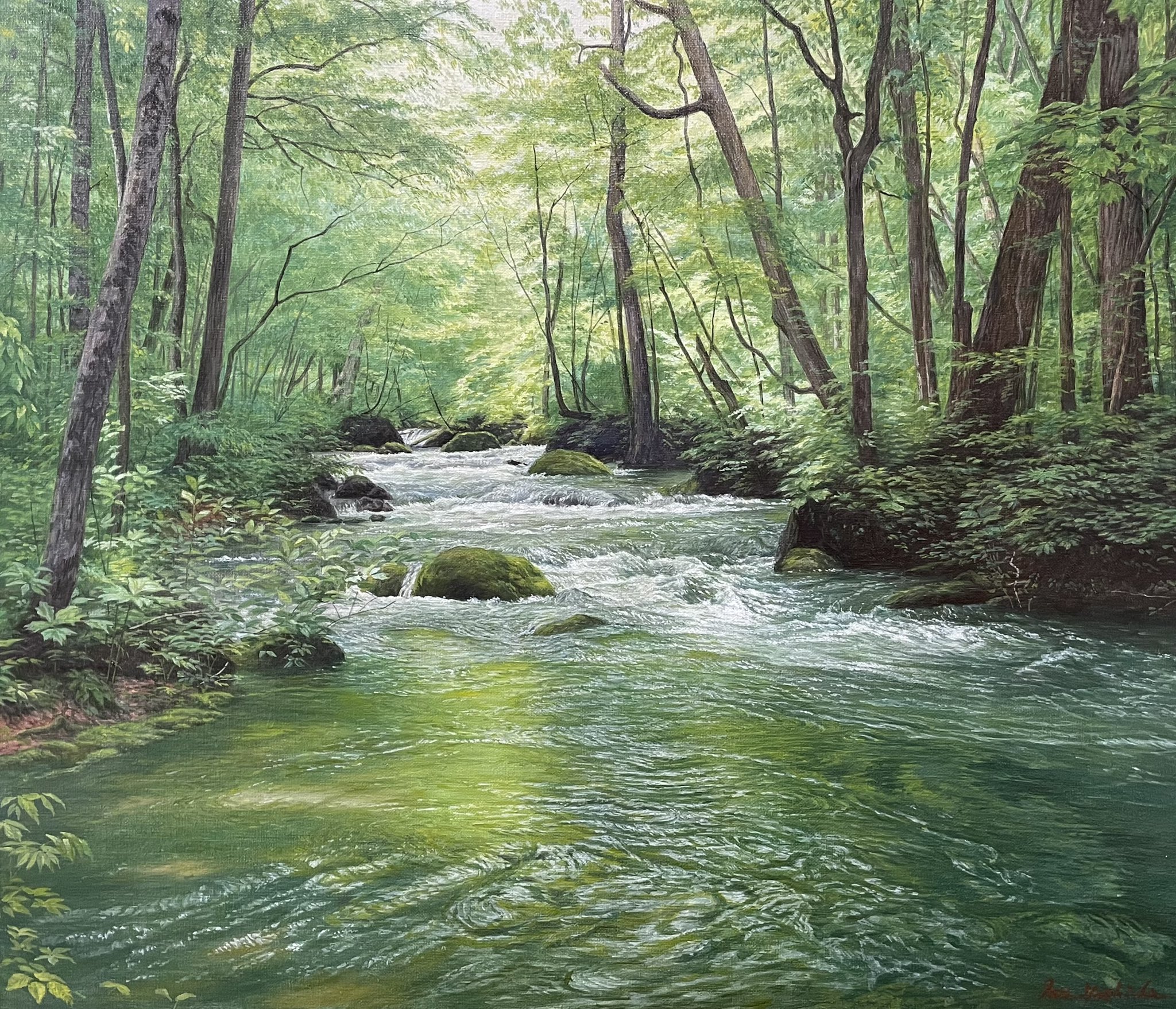 【一点物・油絵】渓谷で投網を打つ風景画 インテリアに最適 Amazon.co.jp: 黒木啓 奥入瀬1 F10号 受注制作 油彩画 油絵